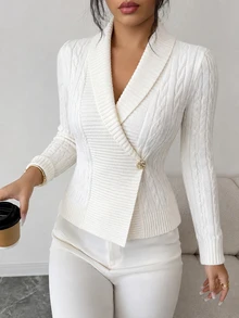 Elenzga Women's Autumn/Winter V-Neck Turn-Down Collar Cable Knit Waist-Cinching Cardigan Sweater - Beige - View 8