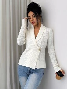Elenzga Women's Autumn/Winter V-Neck Turn-Down Collar Cable Knit Waist-Cinching Cardigan Sweater - Beige - View 6