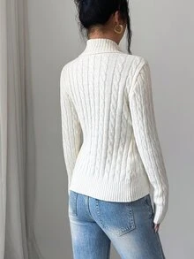 Elenzga Women's Autumn/Winter V-Neck Turn-Down Collar Cable Knit Waist-Cinching Cardigan Sweater - Beige - View 2