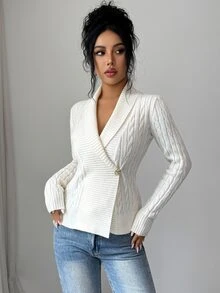 Elenzga Women's Autumn/Winter V-Neck Turn-Down Collar Cable Knit Waist-Cinching Cardigan Sweater - Beige - View 3