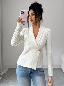 Elenzga Women's Autumn/Winter V-Neck Turn-Down Collar Cable Knit Waist-Cinching Cardigan Sweater - Beige - View 1