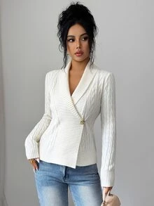 Elenzga Women's Autumn/Winter V-Neck Turn-Down Collar Cable Knit Waist-Cinching Cardigan Sweater - Beige - View 4