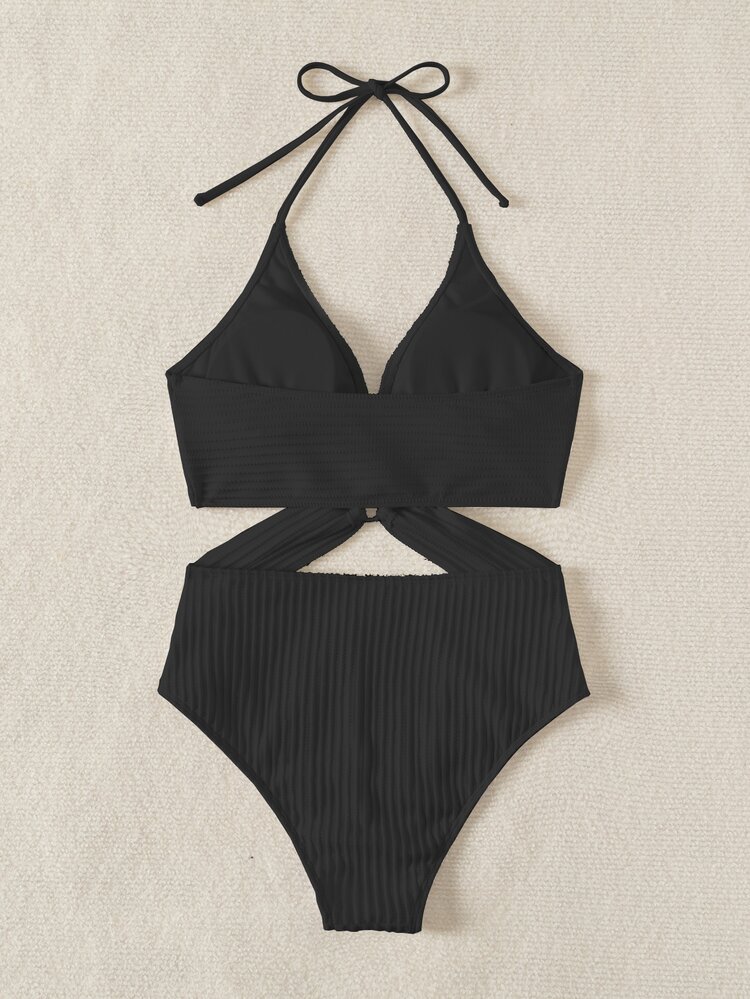 Swim Vcay 2026 Spring/Summer Solid Black & Silver Ring Detail Spaghetti Strap Criss-Cross Deep V-Neck Sexy Vacation Cut-Out Waist & Back One-Piece Bikini Swimwear - Black - View 4