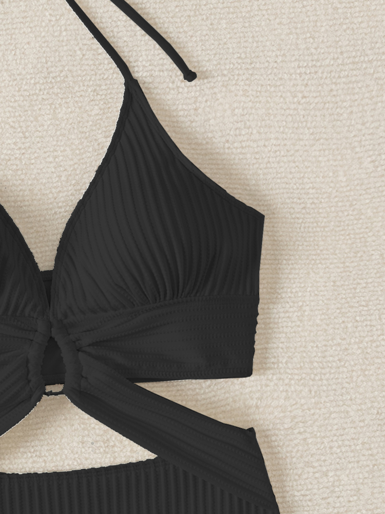 Swim Vcay 2026 Spring/Summer Solid Black & Silver Ring Detail Spaghetti Strap Criss-Cross Deep V-Neck Sexy Vacation Cut-Out Waist & Back One-Piece Bikini Swimwear - Black - View 5