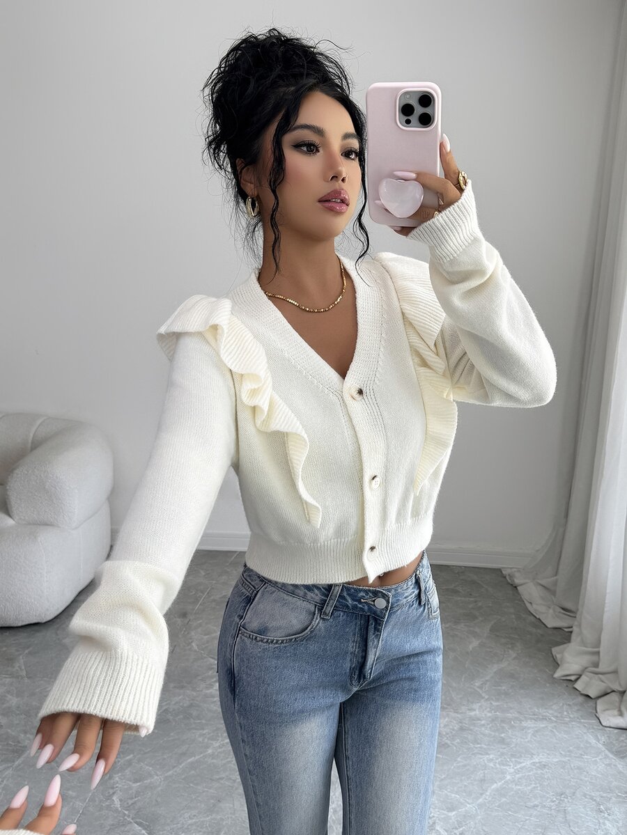 Selianne Women's V-Neck Frill Trim 3-Button Knit Cardigan - White - View 1