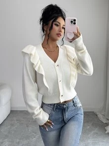Selianne Women's V-Neck Frill Trim 3-Button Knit Cardigan - White - View 7
