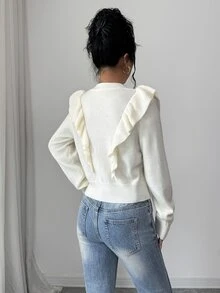 Selianne Women's V-Neck Frill Trim 3-Button Knit Cardigan - White - View 2