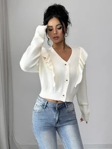 Selianne Women's V-Neck Frill Trim 3-Button Knit Cardigan - White - View 4
