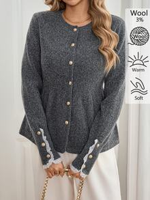 Sprig & Strand Women's Vintage French Elegant Lace Patchwork Single-Breasted Round Neck Knit Cardigan Office Dark Grey Autumn - Grey - View 4