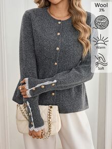 Sprig & Strand Women's Vintage French Elegant Lace Patchwork Single-Breasted Round Neck Knit Cardigan Office Dark Grey Autumn - Grey - View 6