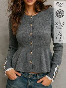 Sprig & Strand Women's Vintage French Elegant Lace Patchwork Single-Breasted Round Neck Knit Cardigan Office Dark Grey Autumn - Grey - View 5