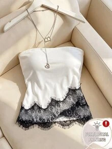 Selianne Atasan Tanpa Tali Elegan untuk Wanita dengan Hiasan Renda Kontras di Bagian Bawah - Putih - View 5
