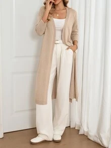 Sprig & Strand Solid Open Front Longline Lightweight Cardigan - Apricot - View 6