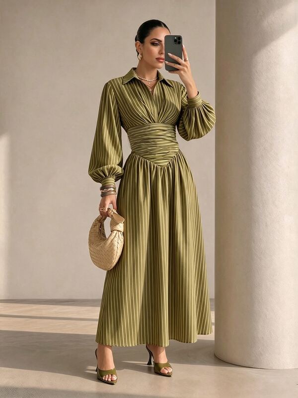 Structelle Elegant Women's Long Dress With Shirt Collar, Striped Pattern, Cinched Waist, Lantern Sleeves, Long Sleeves And Flared Hem