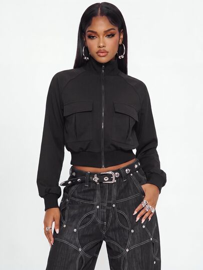 Gowayae Gowayae Women's American Style Stand Collar Half-Zip Cropped Sweatshirt, Functional Cargo Pocket Cinched Waist Sweatshirt