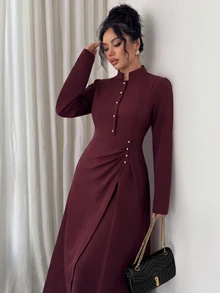 Elenzga Women's Autumn And Winter Festivals Stand Collar Pearl Button Long Sleeve Burgundy Formal Midi Dress, Ruched Waist Faux Wrap Slit Elegant Dress - Burgundy - View 6