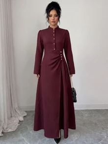 Elenzga Women's Autumn And Winter Festivals Stand Collar Pearl Button Long Sleeve Burgundy Formal Midi Dress, Ruched Waist Faux Wrap Slit Elegant Dress - Burgundy - View 7