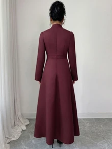 Elenzga Women's Autumn And Winter Festivals Stand Collar Pearl Button Long Sleeve Burgundy Formal Midi Dress, Ruched Waist Faux Wrap Slit Elegant Dress - Burgundy - View 2