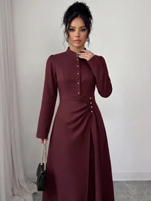 Elenzga Women's Autumn And Winter Festivals Stand Collar Pearl Button Long Sleeve Burgundy Formal Midi Dress, Ruched Waist Faux Wrap Slit Elegant Dress - Burgundy - View 4