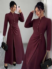 Elenzga Women's Autumn And Winter Festivals Stand Collar Pearl Button Long Sleeve Burgundy Formal Midi Dress, Ruched Waist Faux Wrap Slit Elegant Dress - Burgundy - View 3
