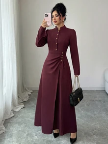 Elenzga Women's Autumn And Winter Festivals Stand Collar Pearl Button Long Sleeve Burgundy Formal Midi Dress, Ruched Waist Faux Wrap Slit Elegant Dress - Burgundy - View 1