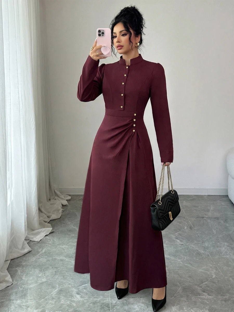 Elenzga Women's Autumn And Winter Festivals Stand Collar Pearl Button Long Sleeve Burgundy Formal Midi Dress, Ruched Waist Faux Wrap Slit Elegant Dress - Burgundy - View 1
