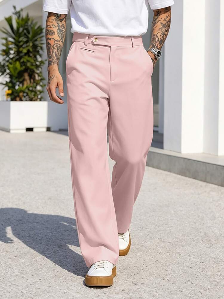 Manfinity CasualCool Men's Casual Versatile Solid Color Straight Leg Pants,Men Old Money,Daily Leisure, Weekend Trips, Outdoor Activities, Travel Expeditions, Relaxed Work Environments Or Semi-Formal Occasions, Boyfriend/Husband Gift, Anniversary /Birthday Gift Party Summer Vacation Holiday,Wedding,Spring To Summer,Easter,Men's Casual Pleated Wide Leg Suit Pants In Solid Khaki,Cream Pants,Beige Pants For Men,Summer Breathable Slacks For Men,White Slacks Men,White Dress Pants For Men - Pink - View 4