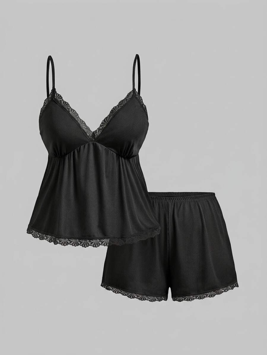 ROMWE Kawaii Plus Size Sweet & Cute Doll Style Ribbed Lace Camisole & Shorts Sleepwear Set - Black - View 1