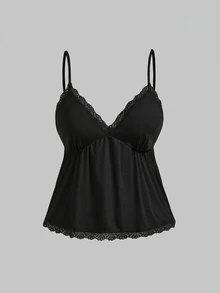 ROMWE Kawaii Plus Size Sweet & Cute Doll Style Ribbed Lace Camisole & Shorts Sleepwear Set - Black - View 5
