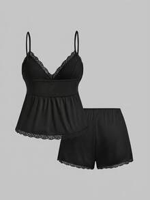 ROMWE Kawaii Plus Size Sweet & Cute Doll Style Ribbed Lace Camisole & Shorts Sleepwear Set - Black - View 2