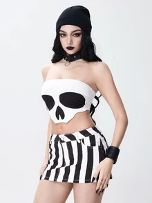 ROMWE Goth 女款 2 合 1 抹胸上衣 破舊骷髏印花 黑白 性感外星圖案 音樂節萬聖節電音派對之夜夏季穿搭 - 白色 - 查看 6
