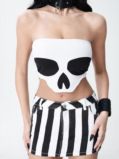 Goth Top a tubo da donna 2 in 1 con stampa teschio rovinata nero & bianco sexy per festival musicali e Ognissanti