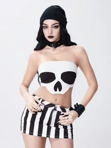 ROMWE Goth 女款 2 合 1 抹胸上衣 破舊骷髏印花 黑白 性感外星圖案 音樂節萬聖節電音派對之夜夏季穿搭 - 白色 - 查看 5