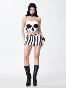 ROMWE Goth 女款 2 合 1 抹胸上衣 破舊骷髏印花 黑白 性感外星圖案 音樂節萬聖節電音派對之夜夏季穿搭 - 白色 - 查看 3