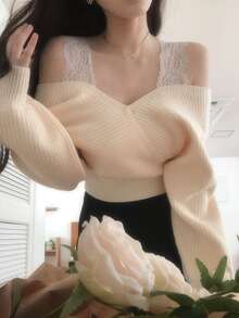 DAZY Women's Lace Patchwork Long Sleeve Korean Style Autumn/Winter Sweater - Apricot - View 3