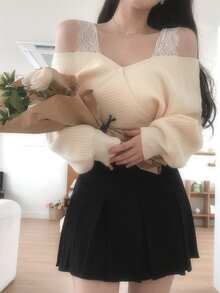 DAZY Women's Lace Patchwork Long Sleeve Korean Style Autumn/Winter Sweater - Apricot - View 1