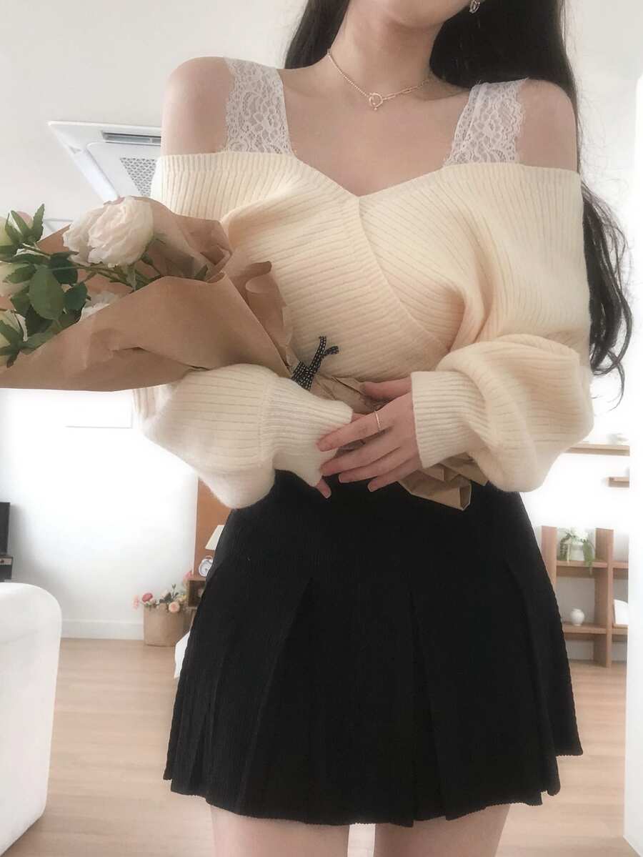 DAZY Women's Lace Patchwork Long Sleeve Korean Style Autumn/Winter Sweater - Apricot - View 1