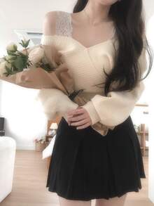 DAZY Women's Lace Patchwork Long Sleeve Korean Style Autumn/Winter Sweater - Apricot - View 5