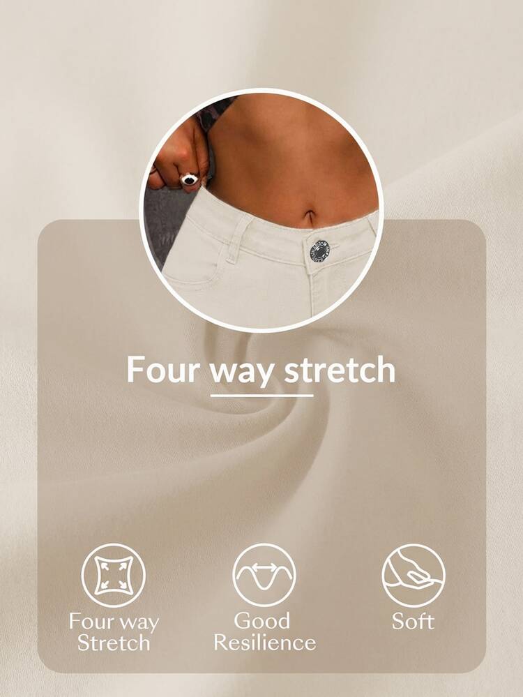 SHEIN Tall Women's Casual Pocketed Mid-Waist Skinny Flare Jeans Beige Pants Women Khaki Pants Women Women's Pants Women Work Pants Tummy Control Pants, Tall Women - Apricot - View 7