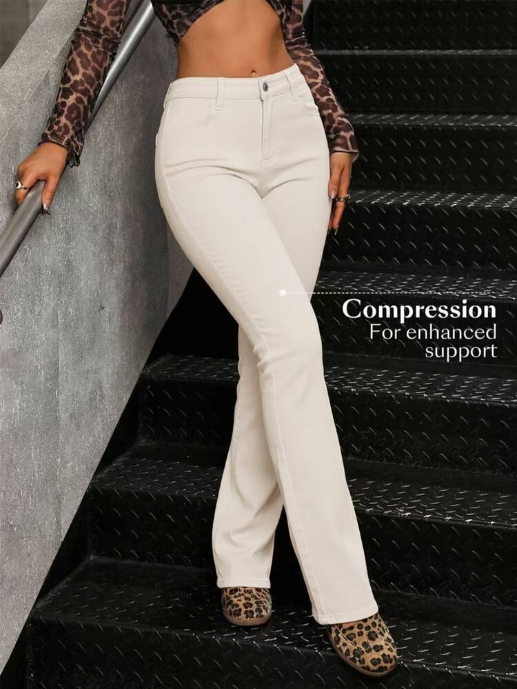 SHEIN Tall Women's Casual Pocketed Mid-Waist Skinny Flare Jeans Beige Pants Women Khaki Pants Women Women's Pants Women Work Pants Tummy Control Pants, Tall Women - Apricot - View 4