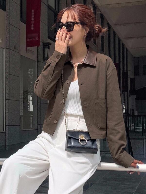 DAZY レディース スタンダード カジュアル クロップド ジャケット PUカラー パッチワーク 秋 レディース服 レディースコート