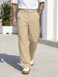 Manfinity Homme 男士休閒百搭純色直筒長褲，老錢風，適合日常休閒、週末旅行、戶外活動、旅行探險、輕鬆工作環境或半正式場合，男友/丈夫禮物，週年/生日禮物派對、夏季假期、婚禮、春季至夏季、復活節，男士休閒百褶寬腿西裝褲，純色卡其色、米白色、米色男士長褲，夏季透氣男士西裝褲，白色男士西裝褲，白色男士正裝褲 - 卡其色 - 查看 5