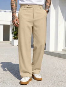 Manfinity Homme 男士休閒百搭純色直筒長褲，老錢風，適合日常休閒、週末旅行、戶外活動、旅行探險、輕鬆工作環境或半正式場合，男友/丈夫禮物，週年/生日禮物派對、夏季假期、婚禮、春季至夏季、復活節，男士休閒百褶寬腿西裝褲，純色卡其色、米白色、米色男士長褲，夏季透氣男士西裝褲，白色男士西裝褲，白色男士正裝褲 - 卡其色 - 查看 4