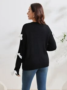 SHEIN كارديجان محبوك كاجوال بأكمام طويلة مزين بفيونكة للحوامل - الأسود - مشاهدة 2