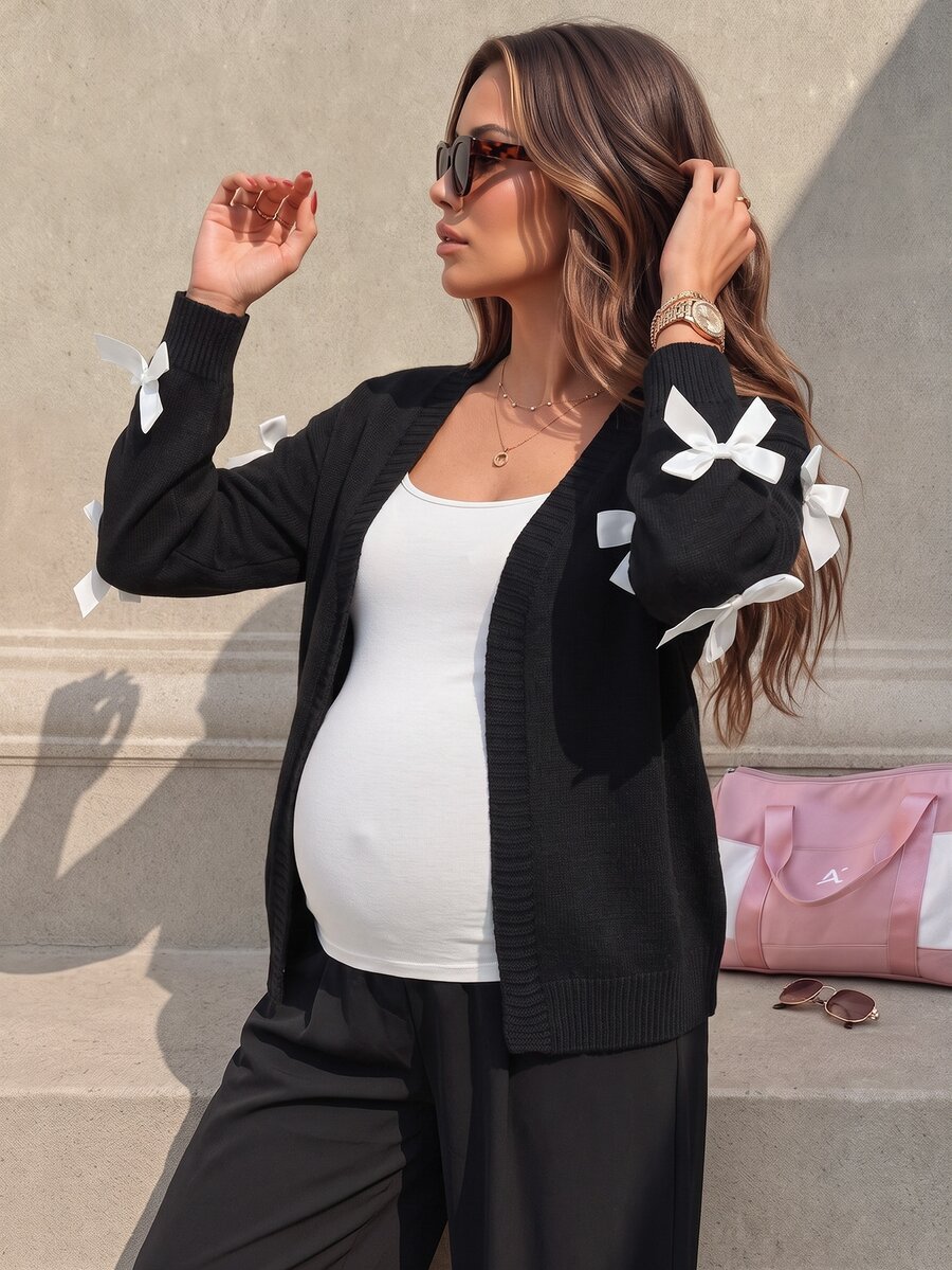 SHEIN كارديجان محبوك كاجوال بأكمام طويلة مزين بفيونكة للحوامل - الأسود - مشاهدة 1