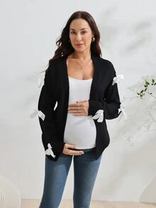 SHEIN كارديجان محبوك كاجوال بأكمام طويلة مزين بفيونكة للحوامل - الأسود - مشاهدة 8