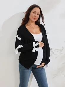 SHEIN كارديجان محبوك كاجوال بأكمام طويلة مزين بفيونكة للحوامل - الأسود - مشاهدة 3
