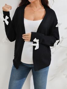 SHEIN كارديجان محبوك كاجوال بأكمام طويلة مزين بفيونكة للحوامل - الأسود - مشاهدة 5