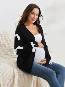 SHEIN كارديجان محبوك كاجوال بأكمام طويلة مزين بفيونكة للحوامل - الأسود - مشاهدة 7