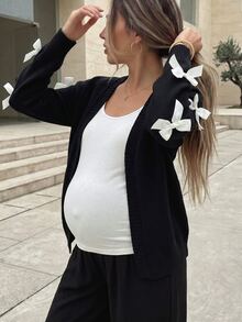 SHEIN كارديجان محبوك كاجوال بأكمام طويلة مزين بفيونكة للحوامل - الأسود - مشاهدة 10